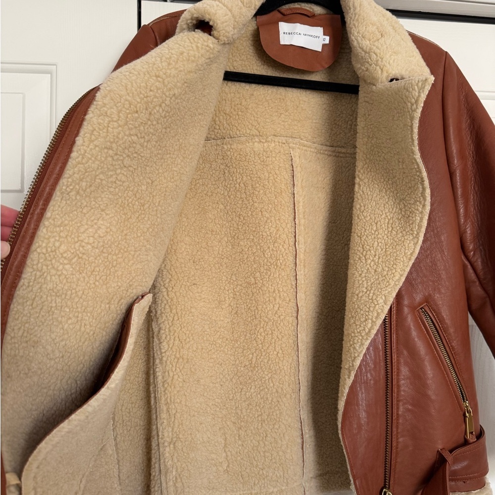 Rebecca Minkoff Sienna Tan Leather Moto Jacket with Cream Shearling - Picture 7 of 9